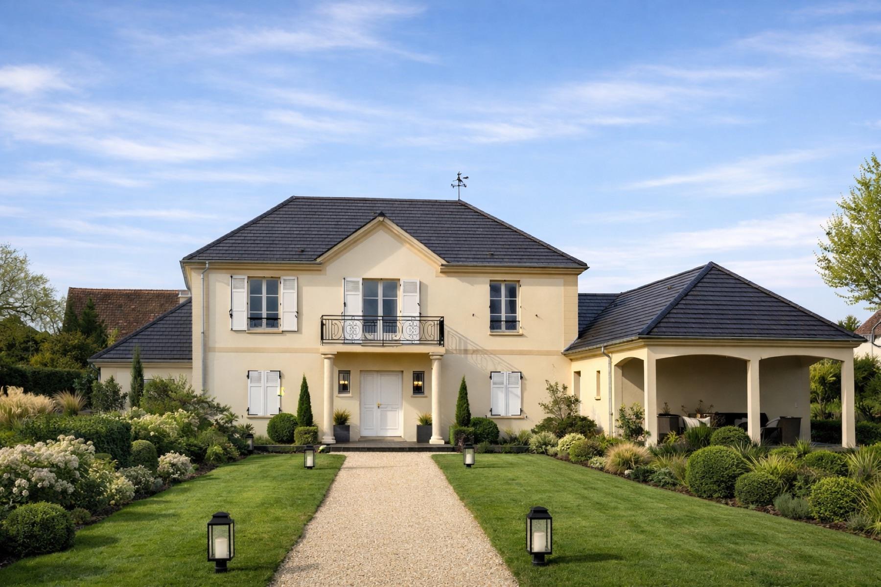 Maison traditionnelle à étage, enduit clair et jardin paysager