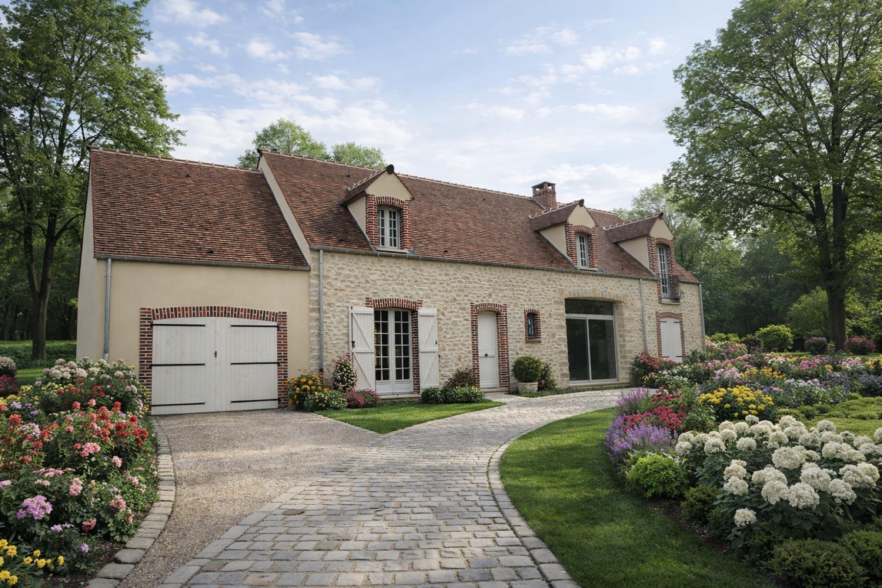 Grande maison traditionnelle avec jardin fleuri
