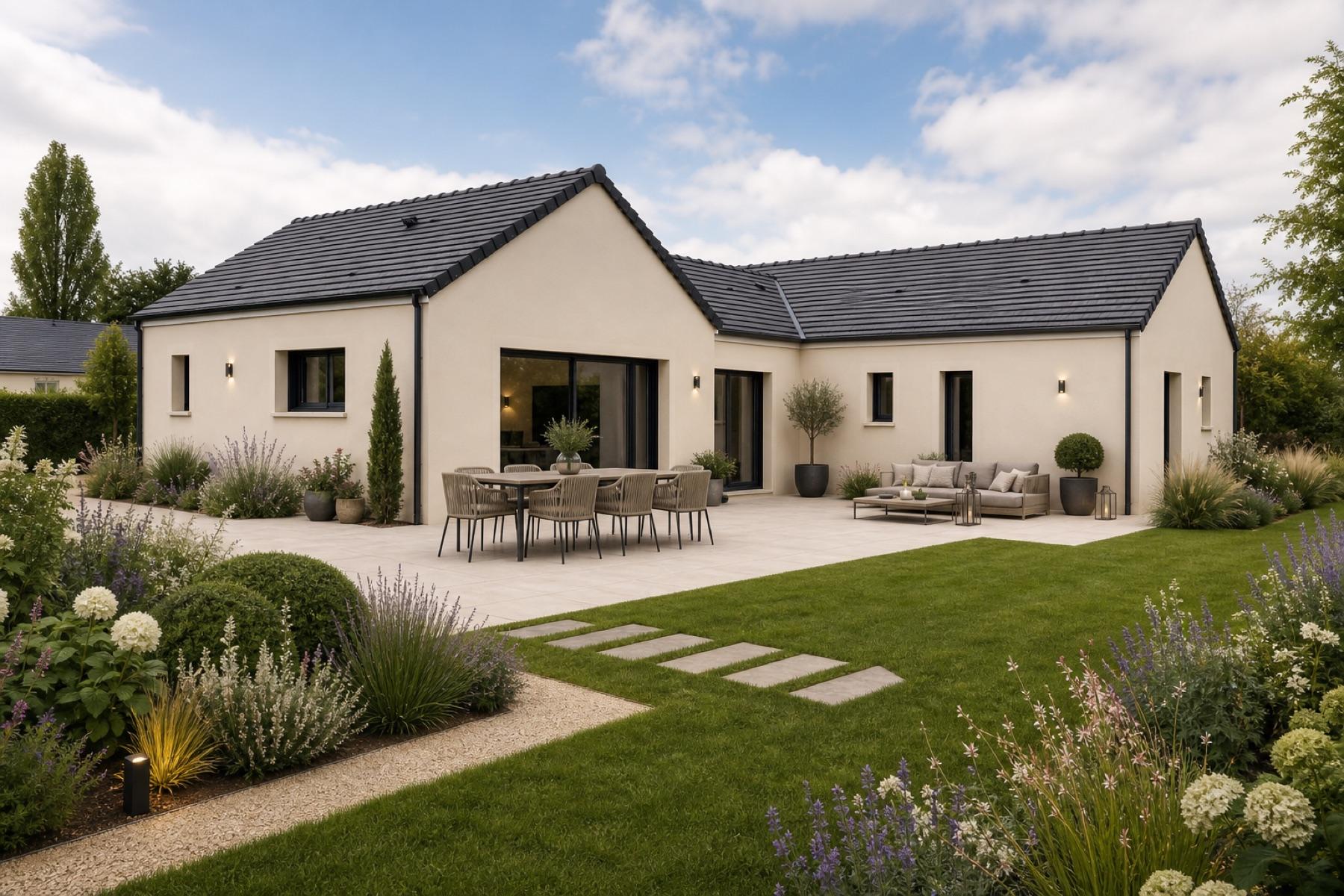 Maison contemporaine de plain-pied avec jardin paysager