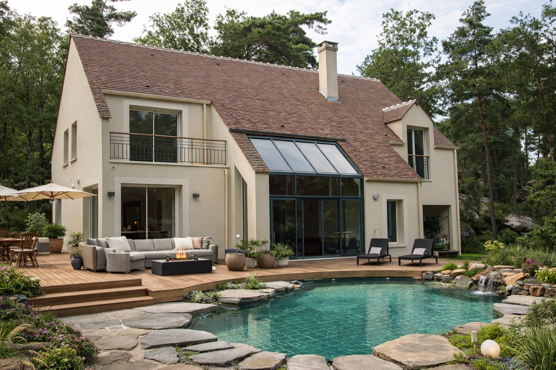 Maison contemporaine avec piscine et terrasse, jardin paysager